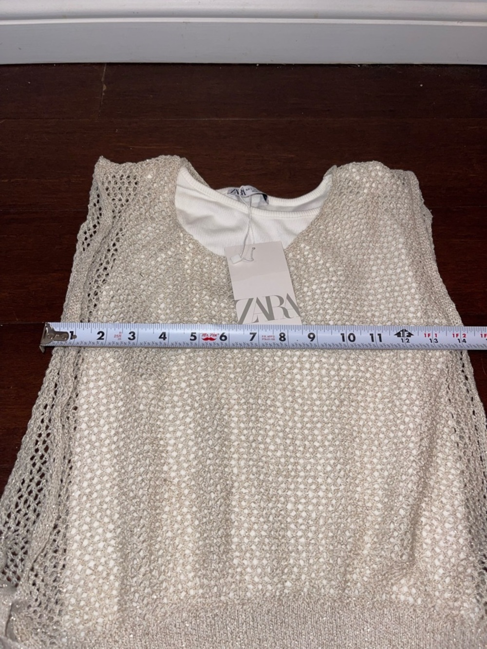 zara white tank with metallic mesh overlay with side ties large nwt - Picture 2 of 6